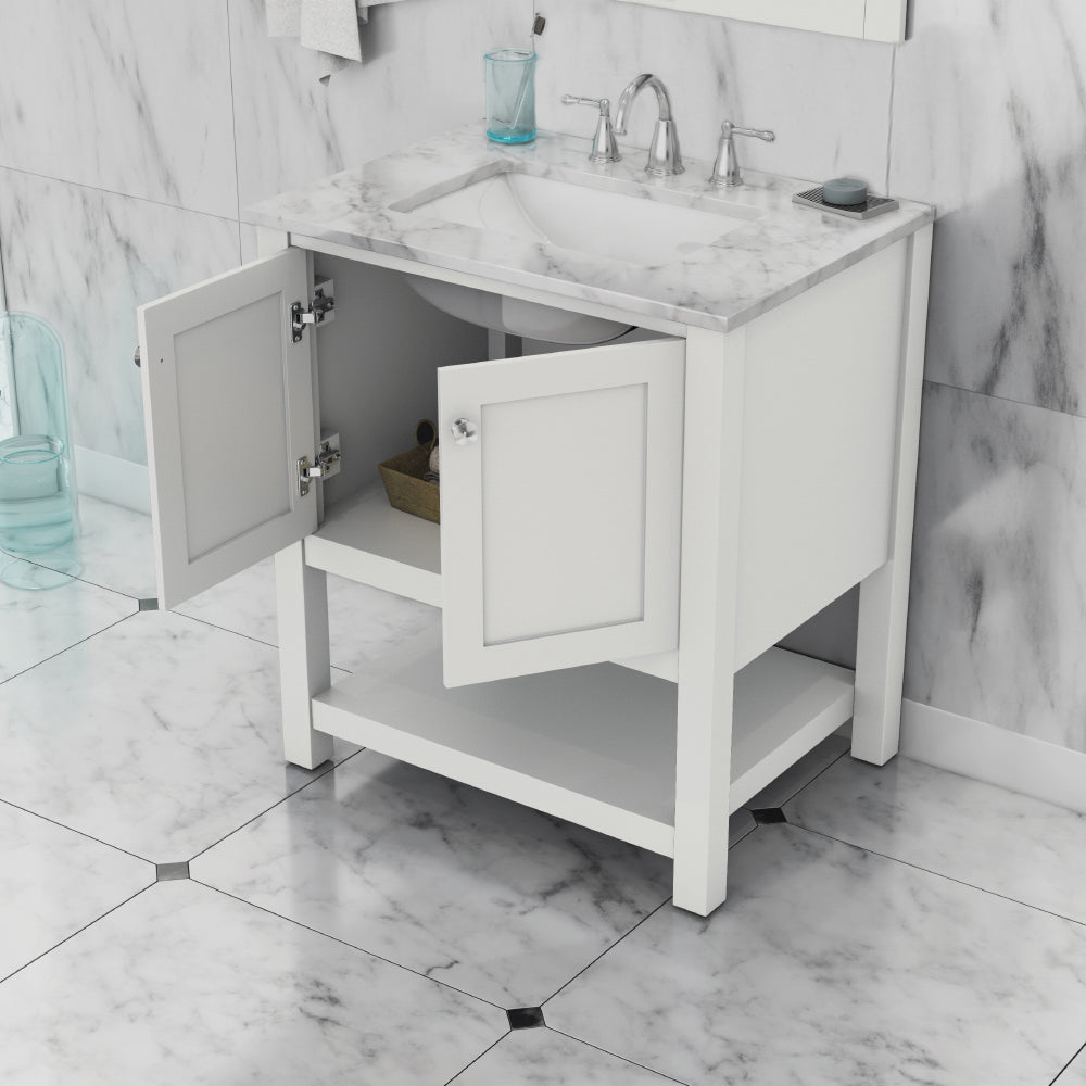 Wilmington 30 inch Vanity White with Carrara Marble Top