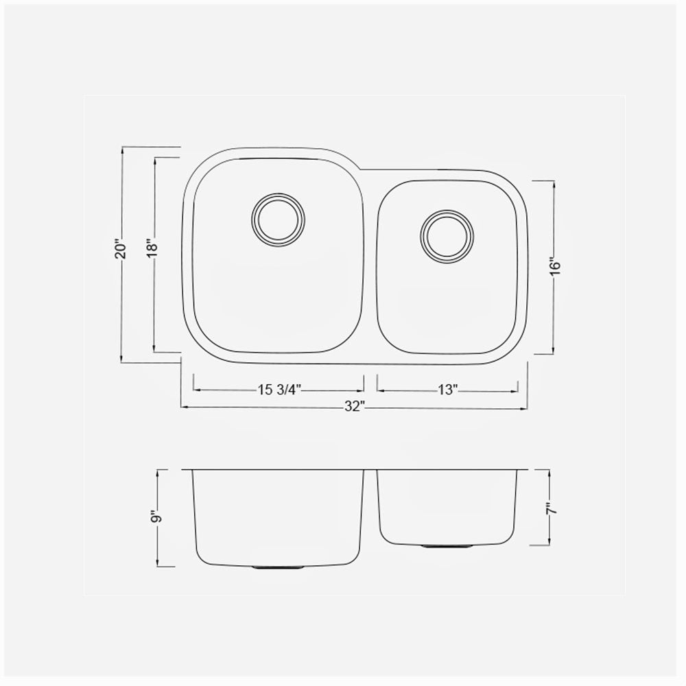 Under Mount Double Bowl Sink 32'' x 20'' x 9'' KSU322097