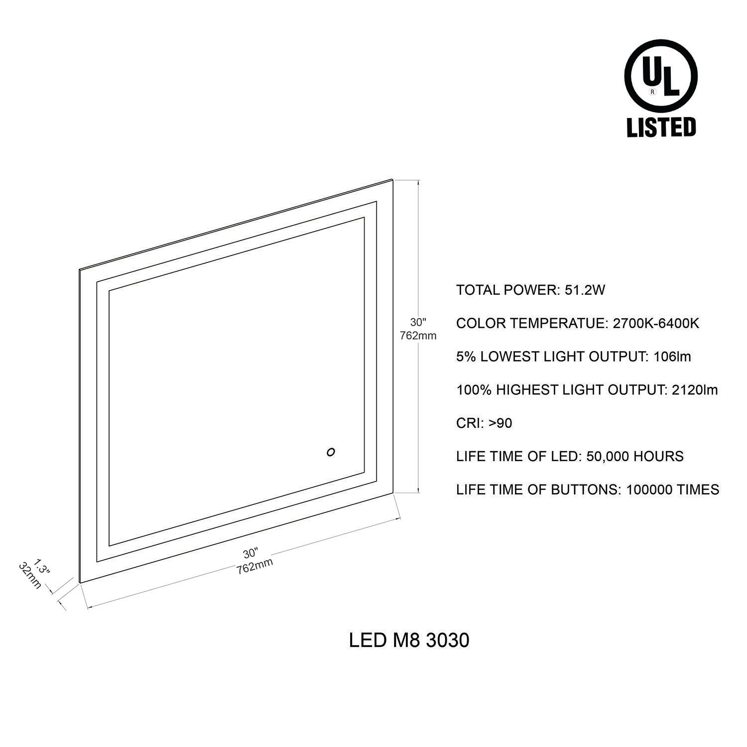 Lyra 30 x 30 Inch LED Mirror