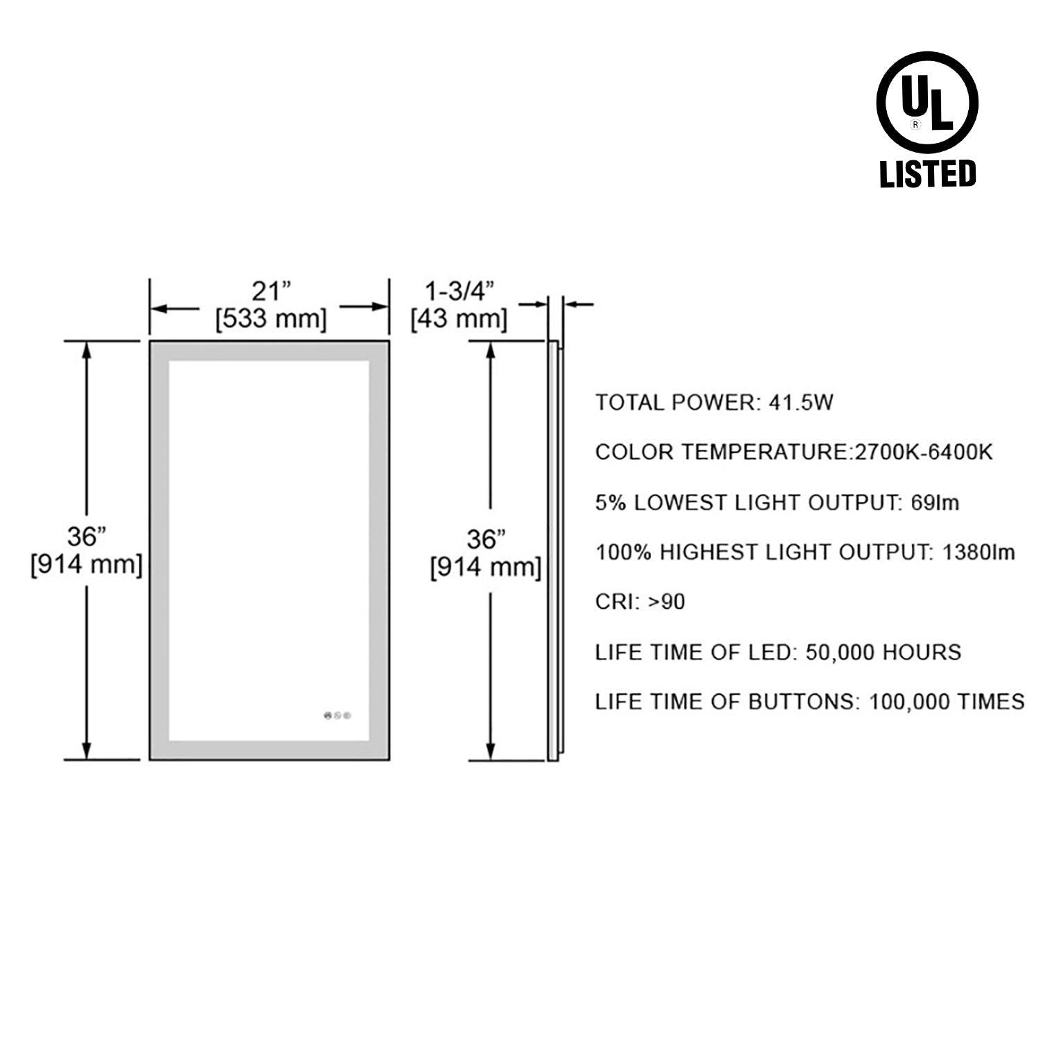 Beta 21″x36″ LED Mirror with Frosted Sides