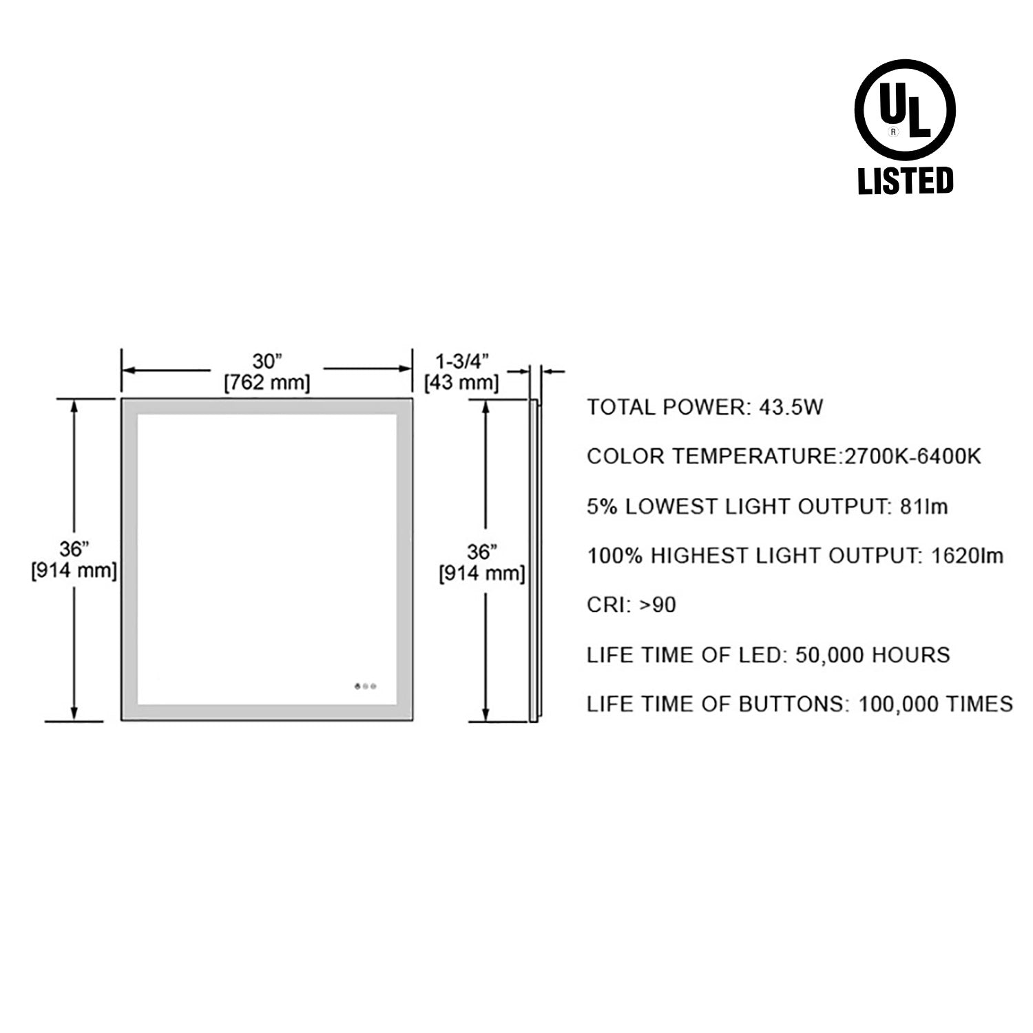 Beta 30″x36″ LED Mirror with Frosted Sides