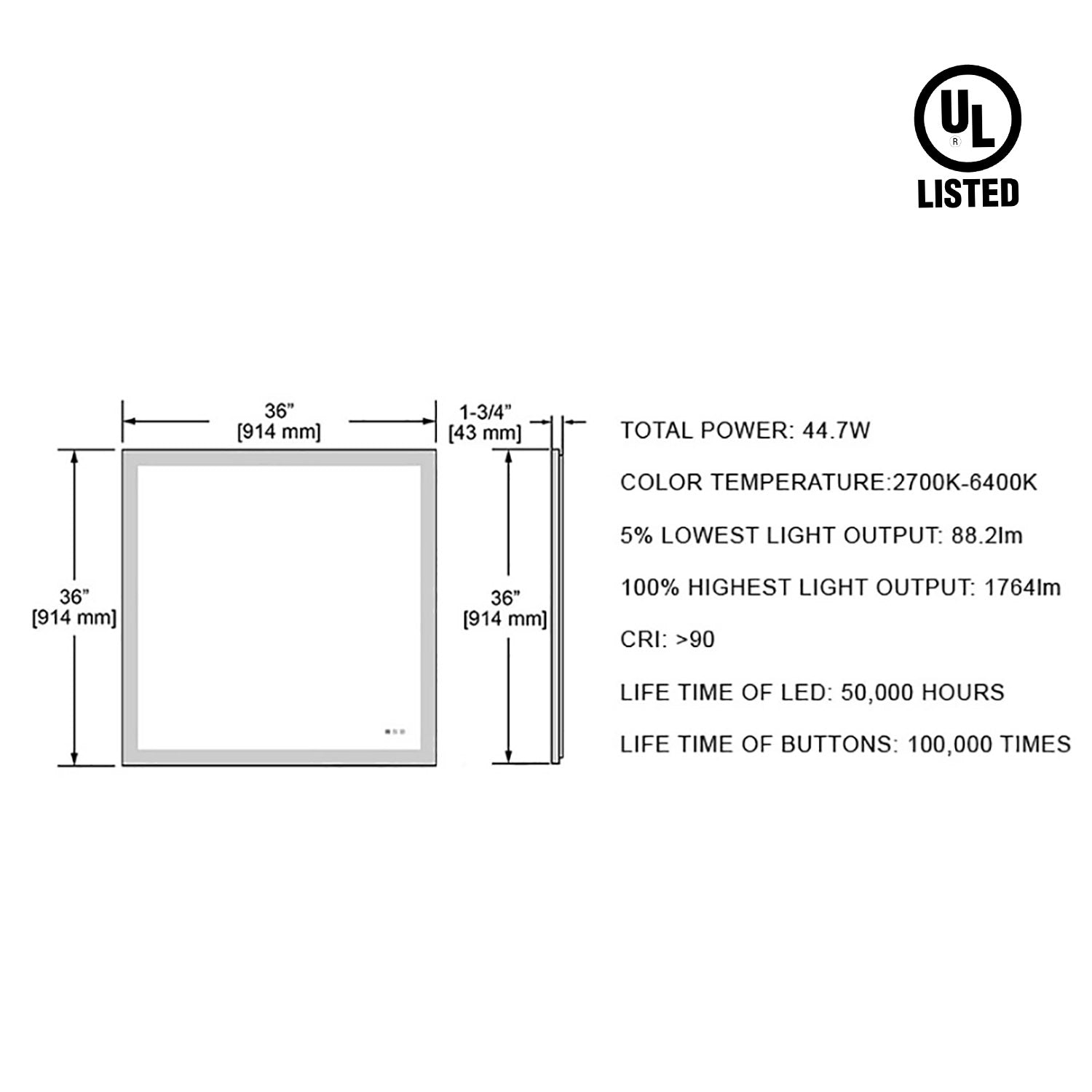 Beta 36″x36″ LED Mirror with Frosted Sides