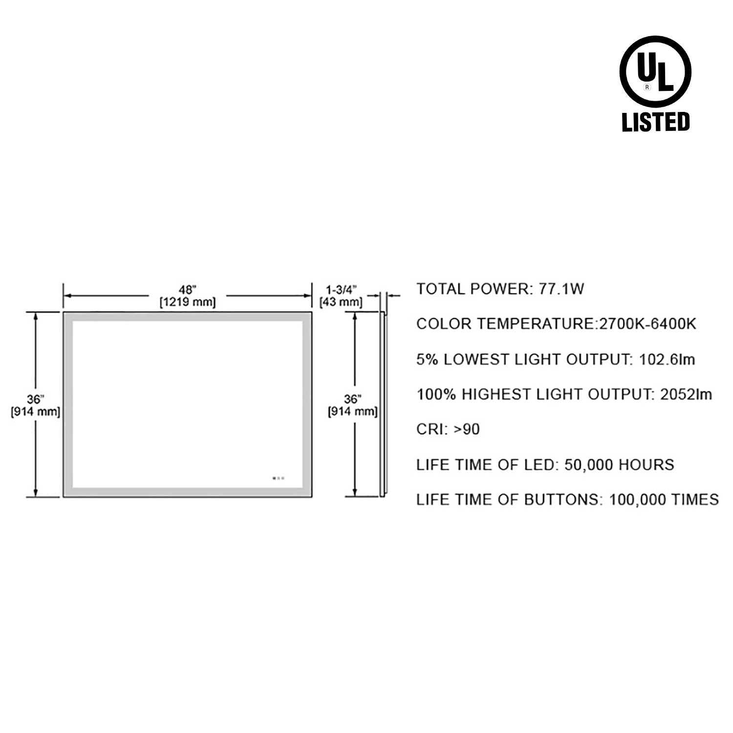 Beta 48″x36″ LED Mirror with Frosted Sides