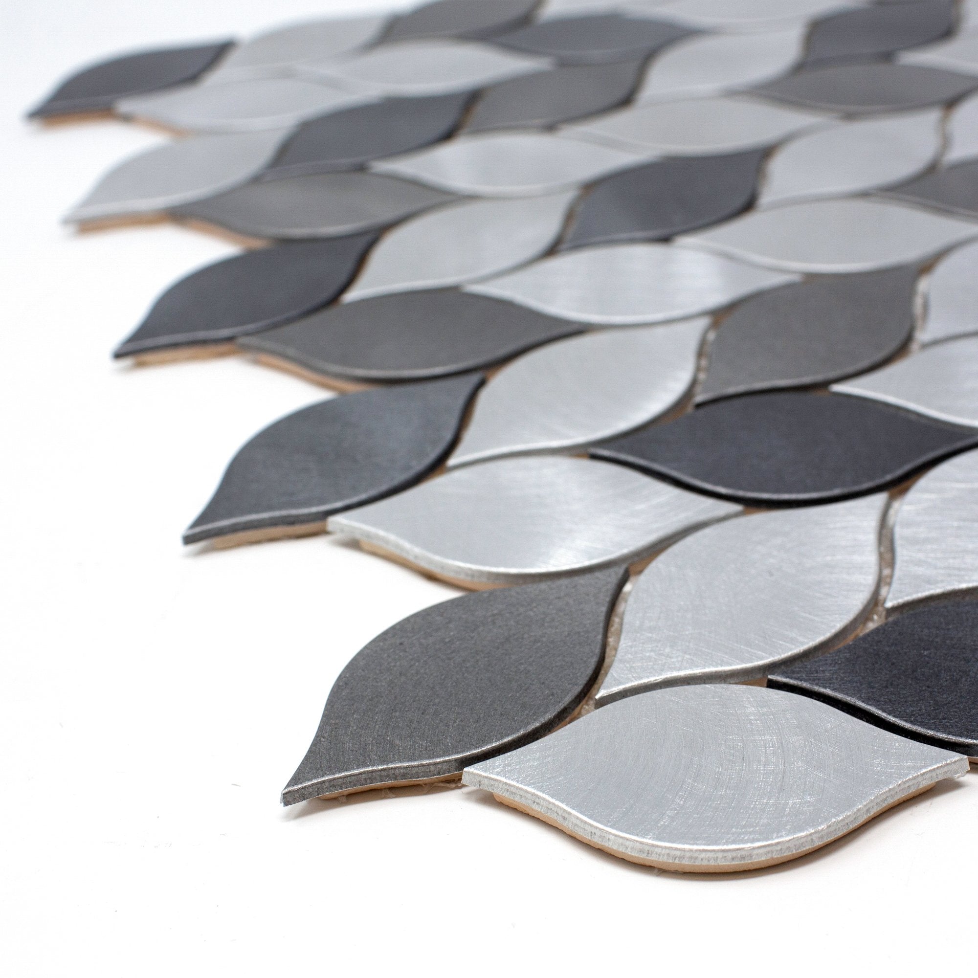 Silver & Grey 1x3 Brushed Aluminum Leaf Metal Mosaic Tile