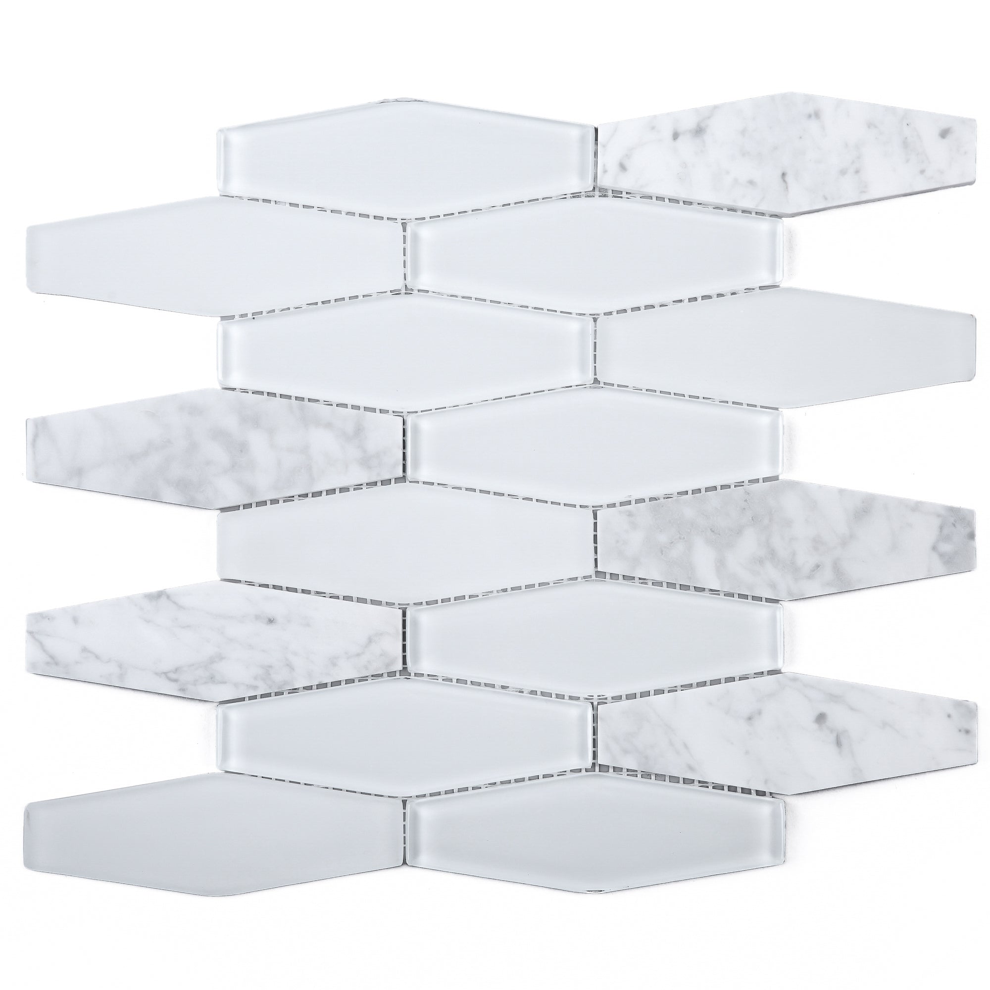 White Carrara Marble and White Glass Clipped Diamond Mosaic Tile