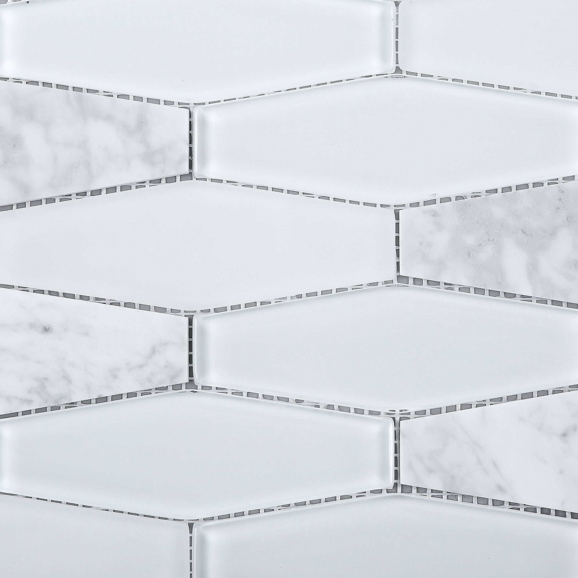 White Carrara Marble and White Glass Clipped Diamond Mosaic Tile