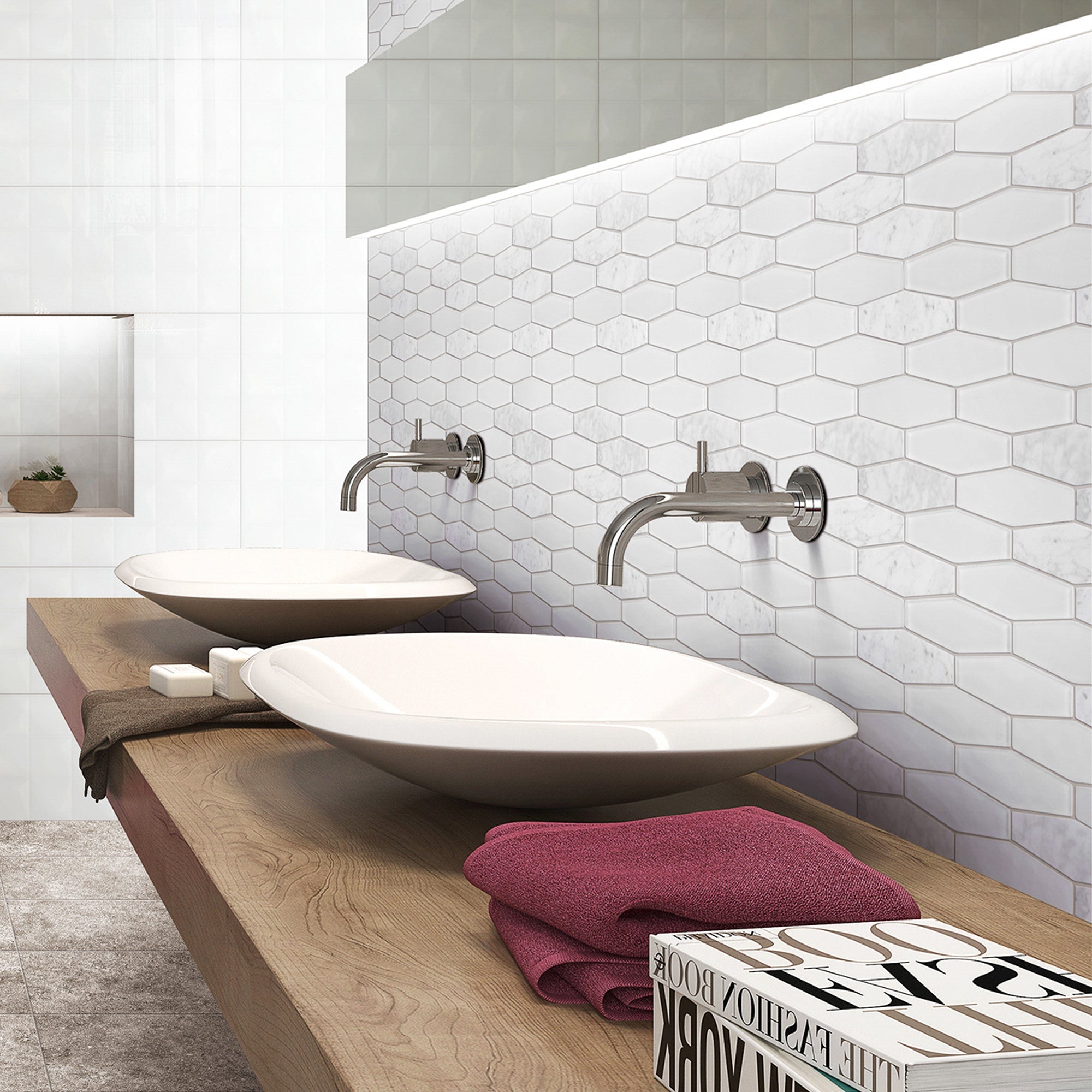 White Carrara Marble and White Glass Clipped Diamond Mosaic Tile